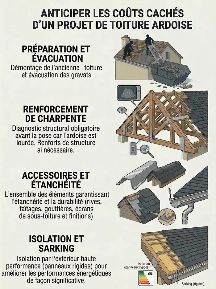 Infographie expliquant les 4 postes de coûts cachés d'une toiture en ardoise : préparation, renfort de charpente, accessoires d'étanchéité et isolation sarking.