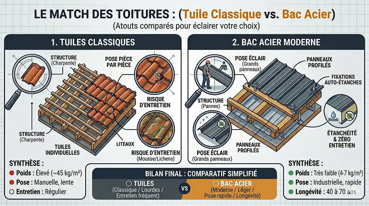 Infographie technique comparant une toiture en tuiles traditionnelles (poids élevé, entretien) et une couverture en bac acier moderne (légèreté, pose rapide, isolation).