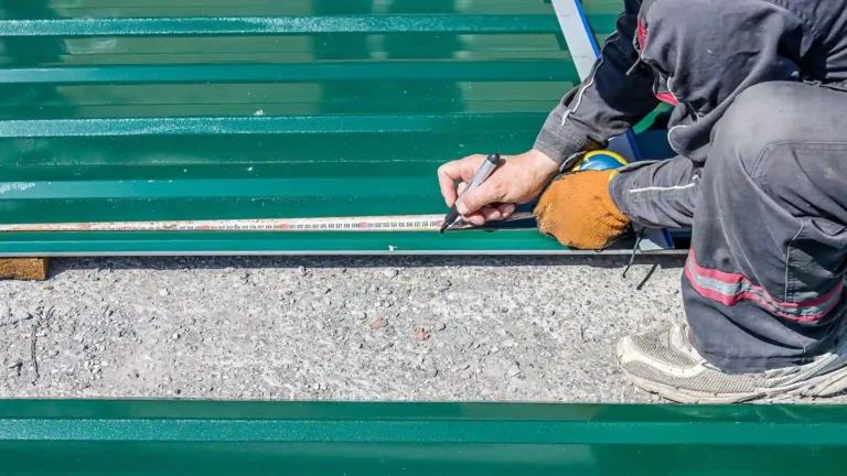 Couvreur mesurant un panneau de bac acier vert pour estimer le prix de pose au m2 d'une toiture.