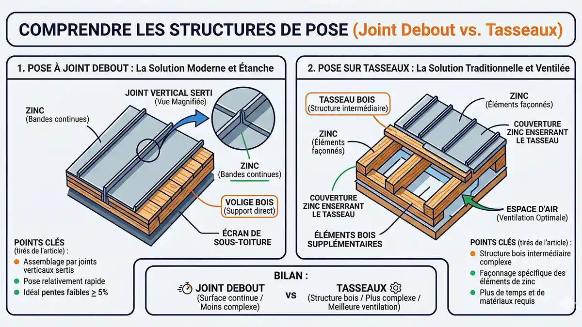 Schéma technique illustrant la différence de structure entre une couverture en zinc à joint debout serti sur volige et une toiture en zinc sur tasseaux avec lame d'air ventilée.