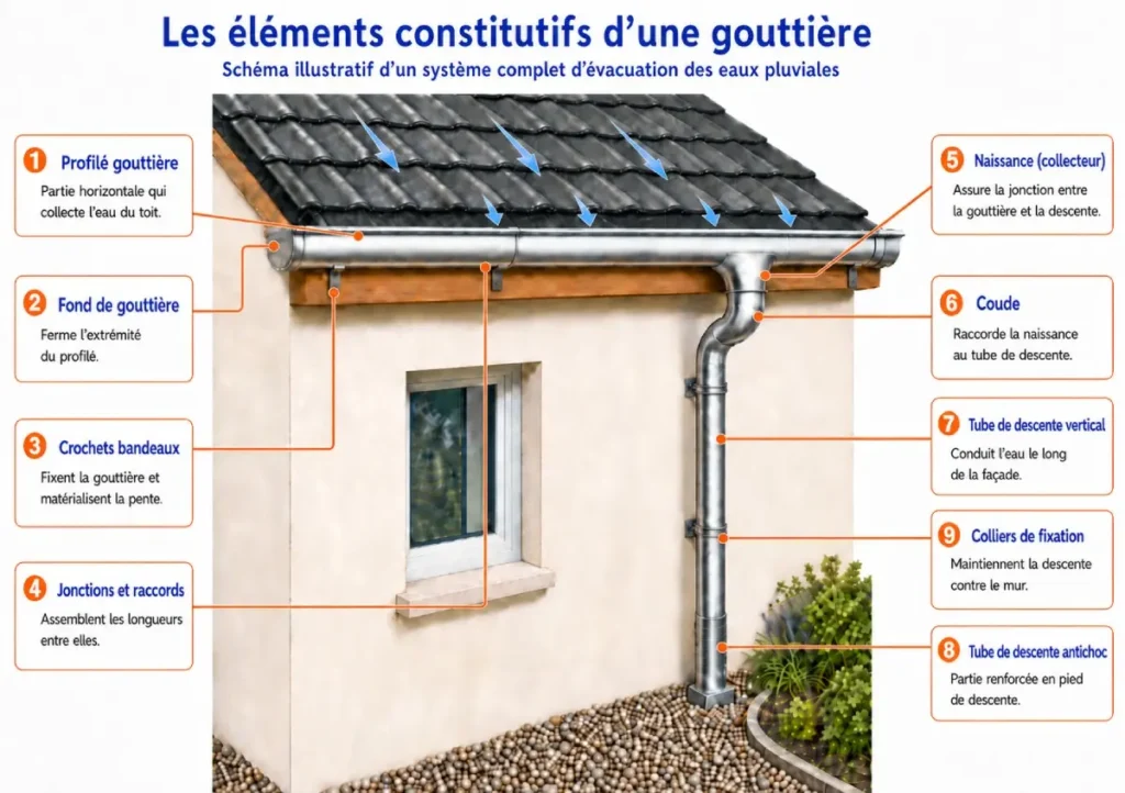 Schéma technique illustrant les 9 éléments d'une gouttière : profilé, crochets, jonctions, fond, naissance, coude, tube de descente vertical, antichoc et colliers de fixation.