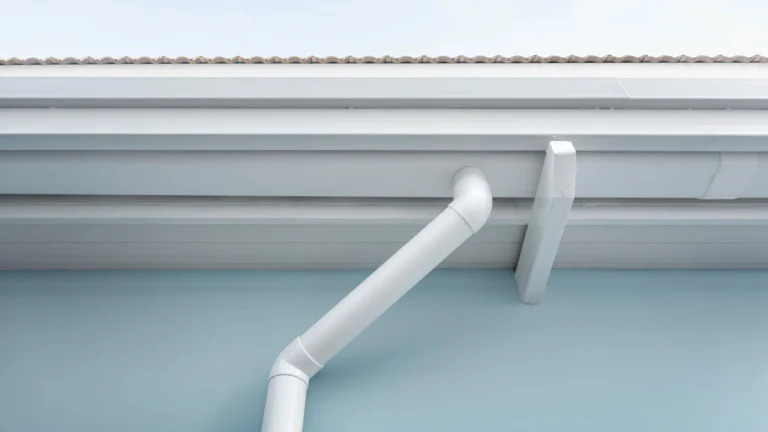 Installation d'une gouttière en PVC blanc avec tuyau de descente, illustrant le prix moyen au mètre linéaire et le coût de pose.