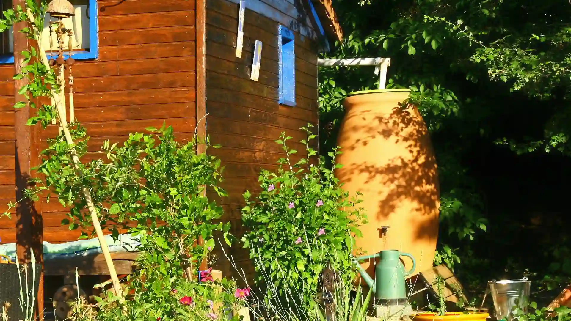 Récupérateur d'eau de pluie en terre cuite installé dans un jardin fleuri à côté d'une cabane.