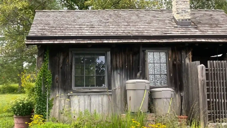 Récupérateurs d’eau de pluie installés contre une maison avec gouttière, pour illustrer la taxe, la déclaration et les obligations légales en France.