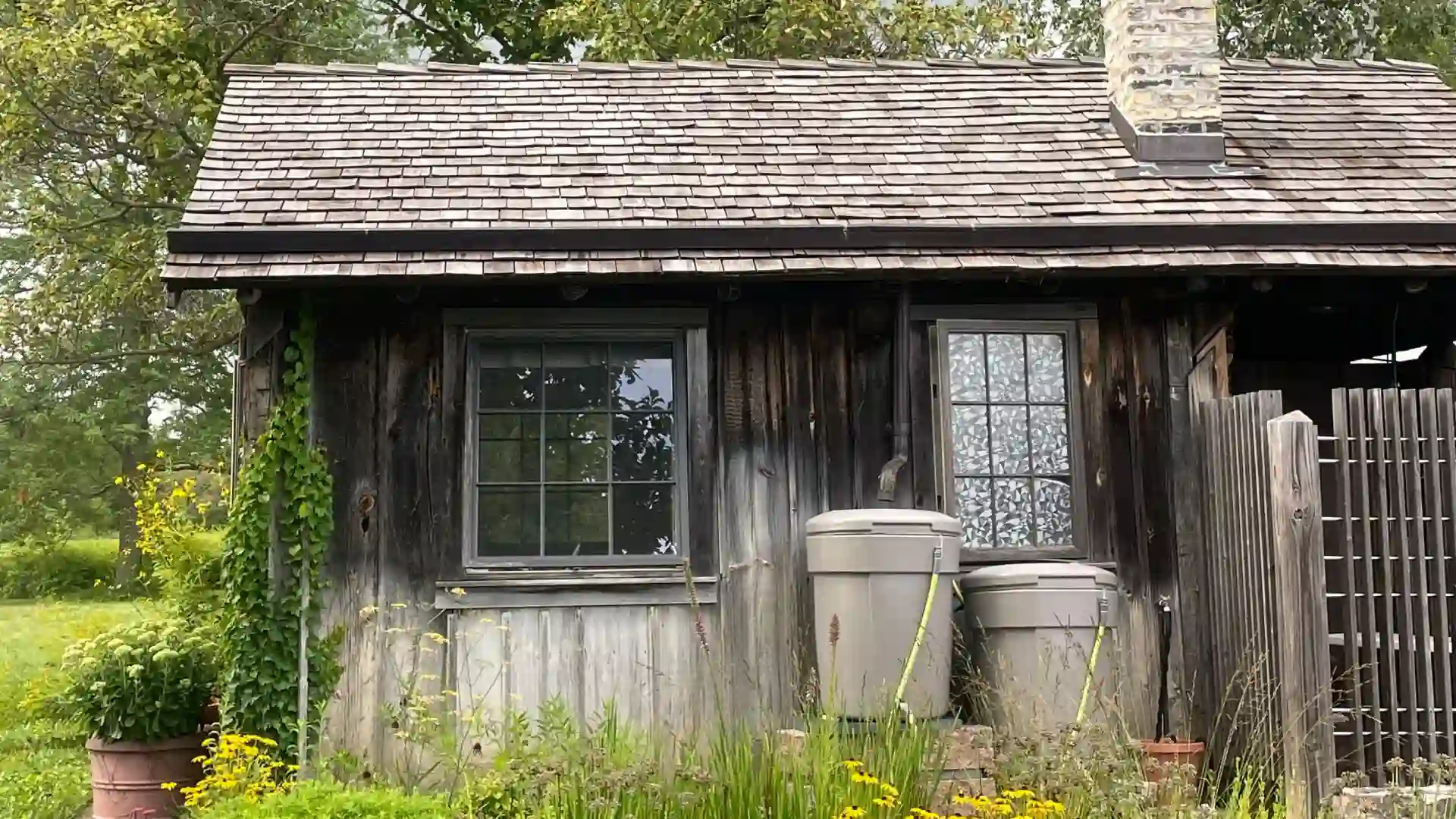 Récupérateurs d’eau de pluie installés contre une maison avec gouttière, pour illustrer la taxe, la déclaration et les obligations légales en France.